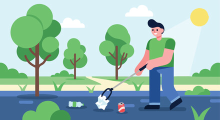 Smiling Man Picking Up Litter in a Park with a Trash Picker Tool on a Sunny Day.