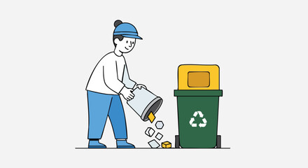 Person Emptying a Small Bin of Trash into a Green Recycling Container.