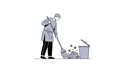 Man Sweeping Autumn Leaves and Debris into an Open Trash Can.