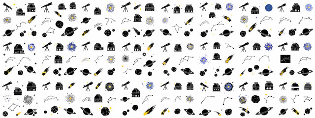 Black silhouette seamless pattern featuring celestial bodies, telescopes, observatories, constellations, and galaxies for astronomical designs.