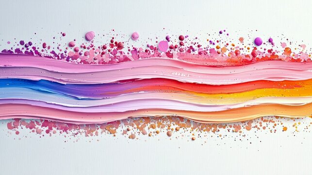 A vibrant abstract composition featuring layered, wavy strokes of paint in various pastel and bright colors, accented by scattered dots and splatters. - Powered by Adobe