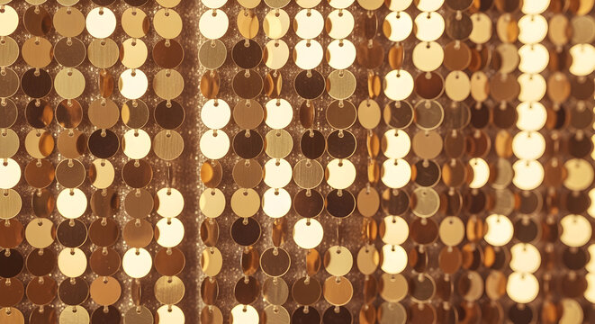 Golden shimmering discs hanging vertically creating a textured metallic background effect