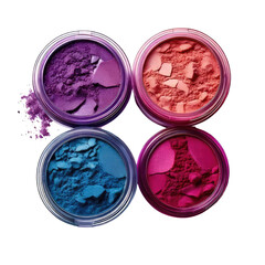Four colorful, open cosmetic jars with loose powder