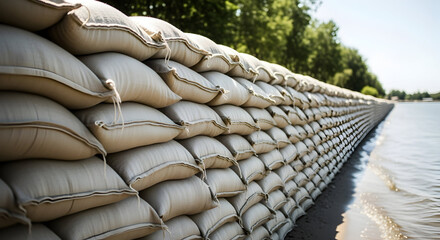 Protective sandbags stacked high along the riverbank to prevent flooding and erosion damage
