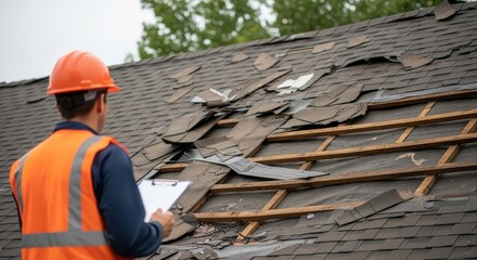 Construction worker inspecting damaged roof shingles on a residential building structure
