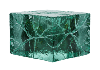 Hyper-detailed macro of a solid emerald green ice cuboid covered in rime frost and dense internal cracks, side-lit on a transparent background, concept of preserved freshness