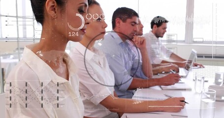 Camera pulling left, HUD pulsing, colleagues taking notes for business meeting, lead woman smiling