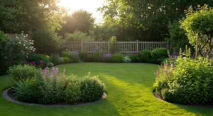 Fototapeta premium Peaceful Summer Garden With Green Grass Lawn and Colorful Flower Borders.