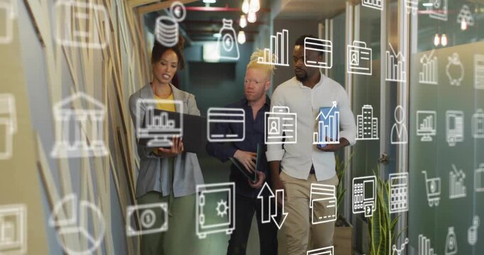 Team walking corridor, woman opening laptop, showing charts, finance icons overlaying for review