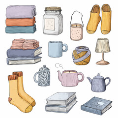 Cozy home clipart set with warm everyday objects, minimal illustration on a clean white background