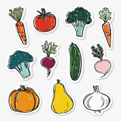 A set of vegetable doodle stickers including carrot, tomato, broccoli, cucumber, onion, pepper, pumpkin and beet for food packaging and labels