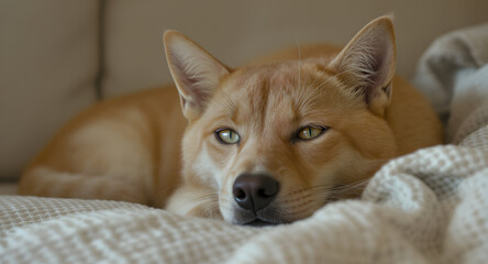 Tan canine resting comfortably with head on a white textured blanket in a cozy room indoors