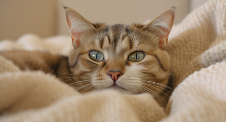 Tabby cat resting comfortably and looking directly at the camera on a soft white blanket