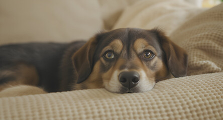 Dog with brown and black fur resting its head on a textured beige sofa indoors looking forward