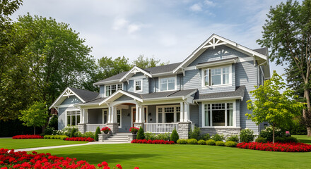Suburban house with gray siding and white trim surrounded by lush green lawn and red flowers