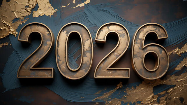The year 2026 represented in bold, metallic bronze numbers on a textured background - Powered by Adobe