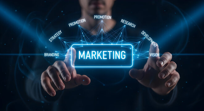 Marketing strategy concept with digital display business development and promotion modern technology