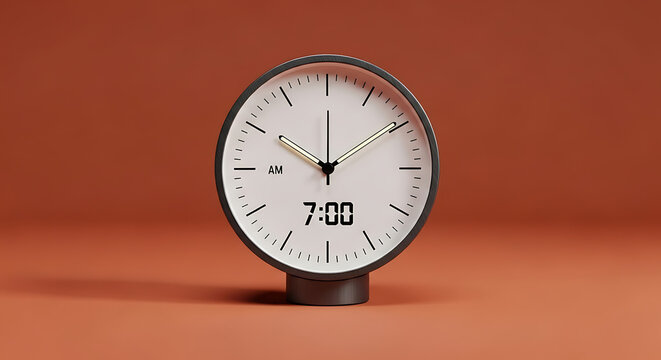 A minimalist clock showing seven am on a salmon colored surface in a studio setting with clean lines