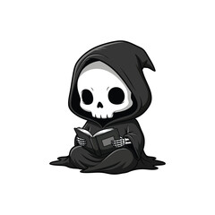Cute grim reaper reading book isolated on