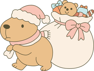 capybara carrying gift bag christmas hand drawn vector cute festive animal illustration santa xmas holiday present graphic