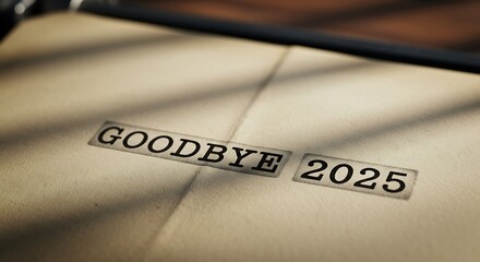 Goodbye 2025 printed on a typewriter paper close up view