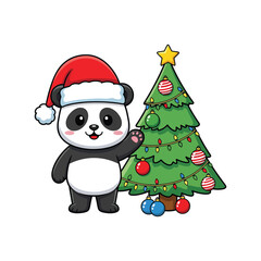 Adorable panda wearing santa hat waving hand next to christmas tree isolated