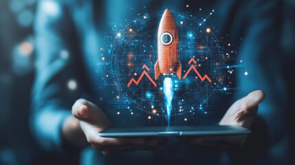 Dynamic rocket launch on tablet shows innovative business growth and tech solutions for a successful start-up with upward trending graph results