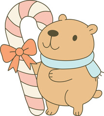 Cute Capybara Candy Cane Bow Christmas Clip Art Hand drawn holiday festive sweet treat animal illustration pastel winter graphic design element