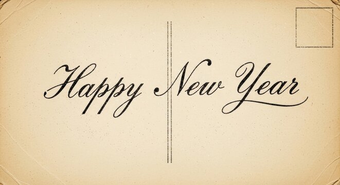 Handwritten Happy New Year message on an aged vintage postcard. Classic New Year greeting card design, retro holiday celebration concept. - Powered by Adobe