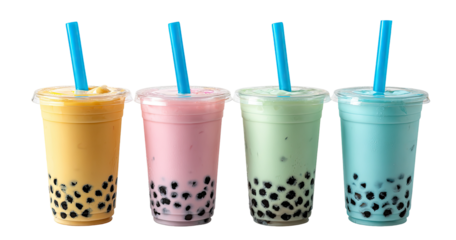 Four colorful bubble tea drinks in clear cups