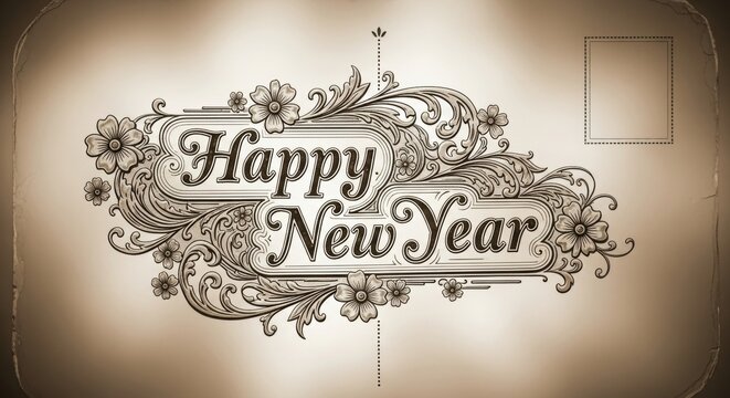 Vintage postcard with ornate happy New Year typography for a holiday greeting card design or festive celebration announcement