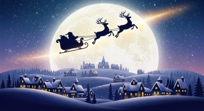 Whimsical silhouette of Santa Claus and his reindeer flying across a full moon over snowy village night. Christmas and New Year concept for greeting card.