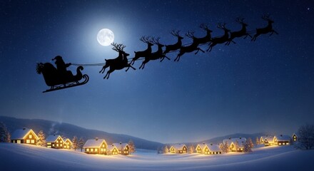 Santa claus silhouette on a sleigh pulled by reindeer flying over a snowy village by moonlight for Christmas. Winter holiday concept.