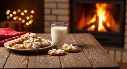Plate of freshly baked Christmas cookies and a glass of milk on rustic wooden table by cozy fireplace, traditional snack for Santa Claus, holiday celebration.