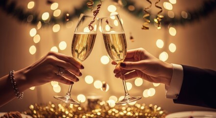 Man and woman toast with champagne glasses at festive party. Celebration of New Year or Christmas holidays. Happy couple clinking flutes at event.