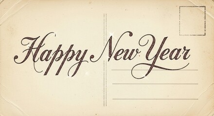 Handwritten happy New Year message on vintage postcard for holiday greeting and celebration concept, featuring warm wishes and festive design.