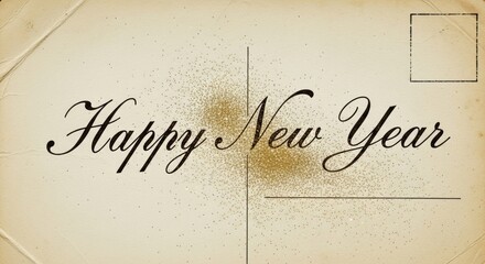 Handwritten happy New Year message on an old vintage postcard with gold glitter, for holiday greeting card new year celebration.