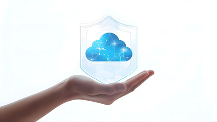 Hand holding a glowing blue cloud with digital circuit patterns