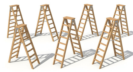 Group of wooden ladders arranged on a white background representing growth and opportunity