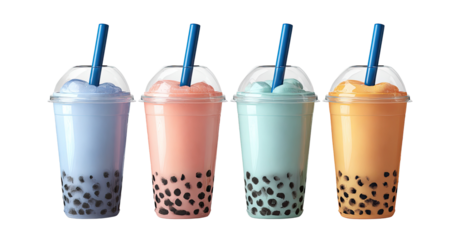 Four colorful bubble tea drinks in clear cups (1)