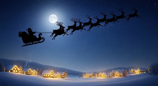 Santa claus silhouette on a sleigh pulled by reindeer flying over a snowy village by moonlight for Christmas. Winter holiday concept.