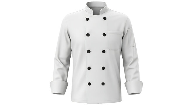 Professional white chef's jacket with double-breasted design and black buttons, ideal for culinary professionals and kitchen staff