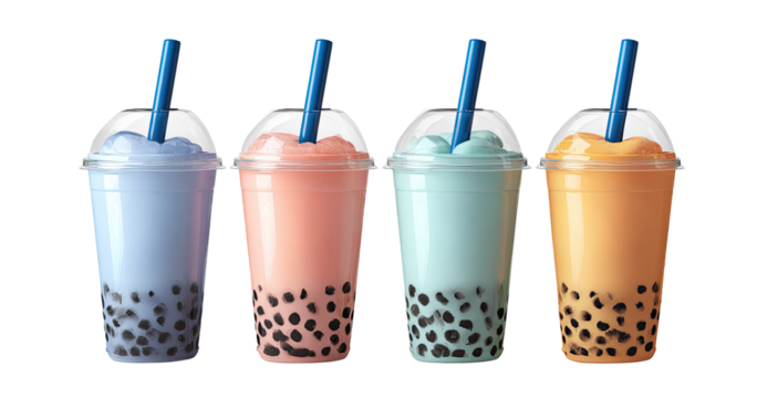 Four colorful bubble tea drinks in clear cups (1)