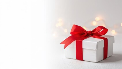 Elegant White Gift Box with Red Ribbon on a Bright, Festive Background of Bokeh Lights 