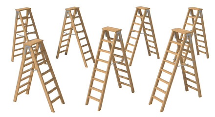 Collection of wooden step ladders isolated on white background for construction or home improvement projects