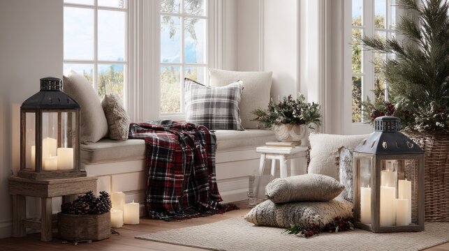 Cozy Winter Living Room Decor With Candles, Plaid Throw, Cushions, Pine Cones, and Christmas Tree Ambience