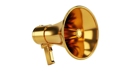 Golden megaphone shiny and reflective isolated on white background for announcements and promotions