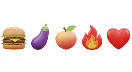 Set of 3D emoji icons including a burger eggplant peach fire and heart rendered on a white background