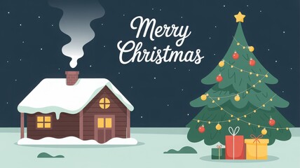 Fototapeta premium Cozy wooden cabin with snow on roof and decorated christmas tree with presents in winter night