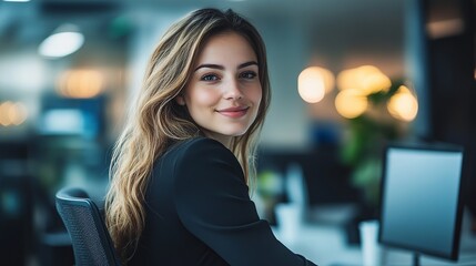 Confident young businesswoman smiling in a modern office, ready for success and new opportunities, perfect for corporate branding and career-focused content